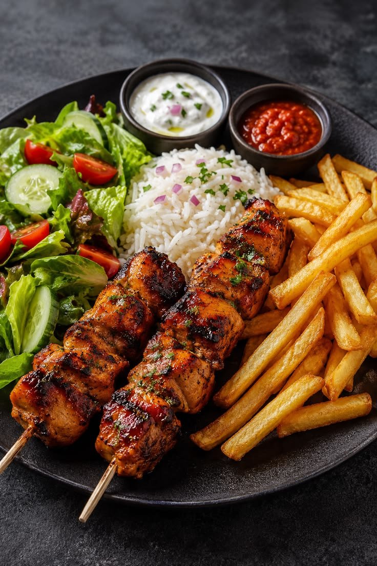 ultra realistic grilled chicken skewers with rice, crispy fries & fresh garden salad